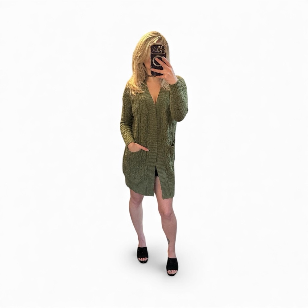 Tahari Olive Cable Knit Open Long Cardigan Size Small - Picture 6 of 6